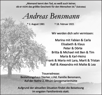 Traueranzeige von Andreas Bensmann von Neue Osnabrücker Zeitung GmbH & Co. KG
