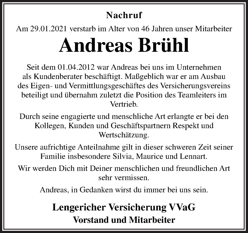  Traueranzeige für Andreas Brühl vom 05.02.2021 aus Neue Osnabrücker Zeitung GmbH & Co. KG