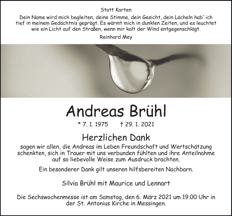  Traueranzeige für Andreas Brühl vom 27.02.2021 aus Neue Osnabrücker Zeitung GmbH & Co. KG