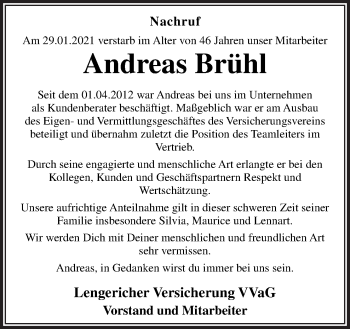 Traueranzeige von Andreas Brühl von Neue Osnabrücker Zeitung GmbH & Co. KG