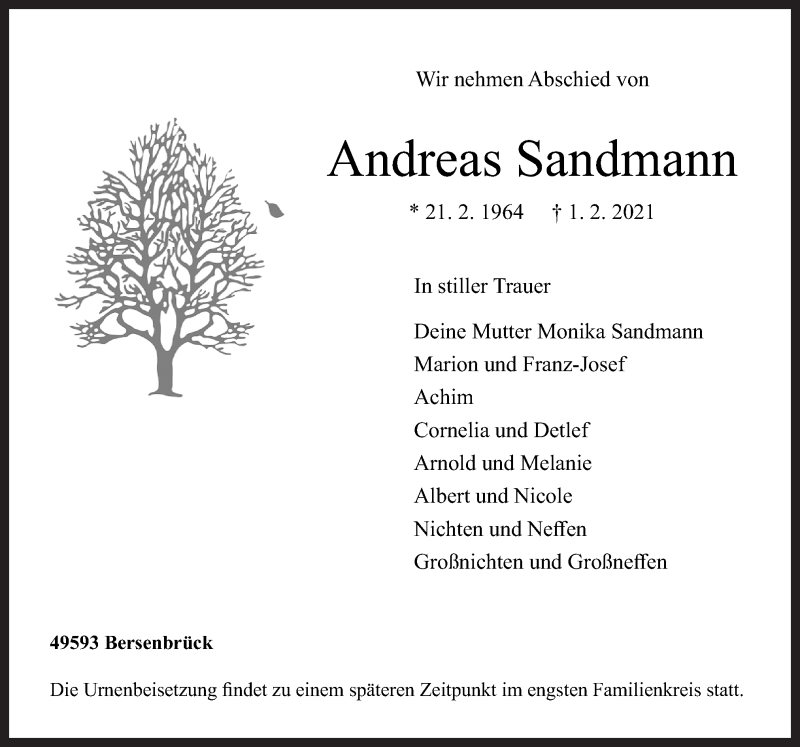  Traueranzeige für Andreas Sandmann vom 12.02.2021 aus Neue Osnabrücker Zeitung GmbH & Co. KG