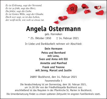 Traueranzeige von Angela Ostermann von Neue Osnabrücker Zeitung GmbH & Co. KG