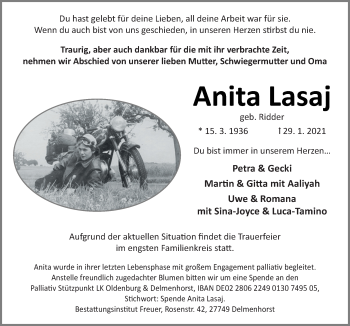 Traueranzeige von Anita Lasaj von Neue Osnabrücker Zeitung GmbH & Co. KG