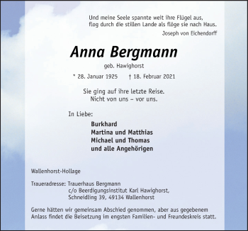 Traueranzeige von Anna Bergmann von Neue Osnabrücker Zeitung GmbH & Co. KG