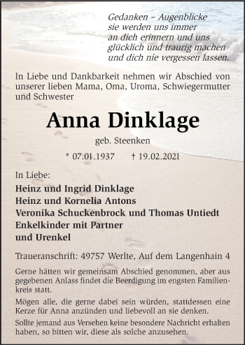 Traueranzeige von Anna Dinklage von Neue Osnabrücker Zeitung GmbH & Co. KG
