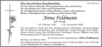 Traueranzeige von Anna Feldmann von Neue Osnabrücker Zeitung GmbH & Co. KG