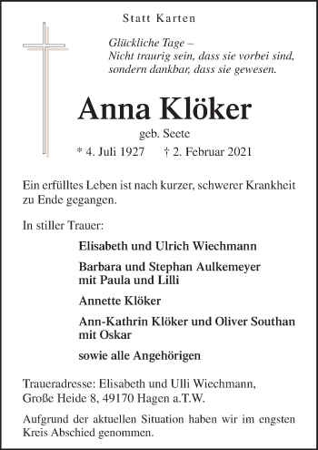 Traueranzeige von Anna Klöker von Neue Osnabrücker Zeitung GmbH & Co. KG