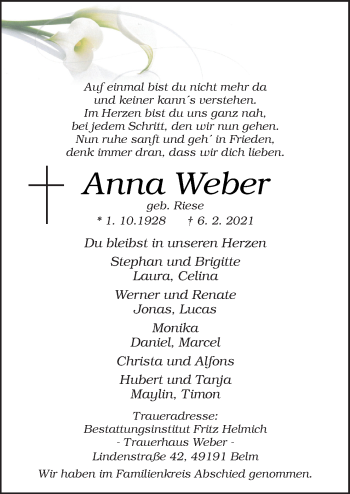 Traueranzeige von Anna Weber von Neue Osnabrücker Zeitung GmbH & Co. KG