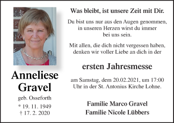 Traueranzeige von Anneliese Gravel von Neue Osnabrücker Zeitung GmbH & Co. KG