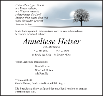 Traueranzeige von Anneliese Heiser von Neue Osnabrücker Zeitung GmbH & Co. KG
