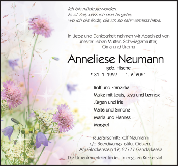 Traueranzeige von Anneliese Neumann von Neue Osnabrücker Zeitung GmbH & Co. KG