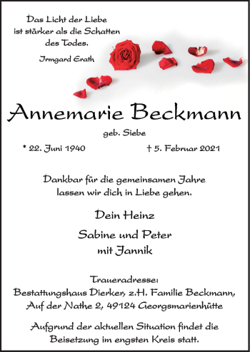 Traueranzeige von Annemarie Beckmann von Neue Osnabrücker Zeitung GmbH & Co. KG