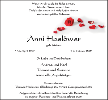 Traueranzeige von Anni Haslöwer von Neue Osnabrücker Zeitung GmbH & Co. KG