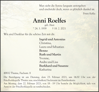 Traueranzeige von Anni Roelfes von Neue Osnabrücker Zeitung GmbH & Co. KG