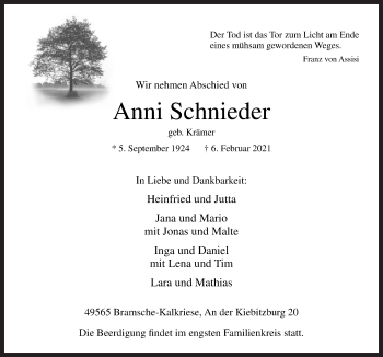 Traueranzeige von Anni Schnieder von Neue Osnabrücker Zeitung GmbH & Co. KG