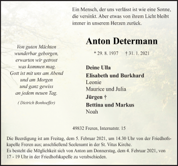 Traueranzeige von Anton Determann von Neue Osnabrücker Zeitung GmbH & Co. KG