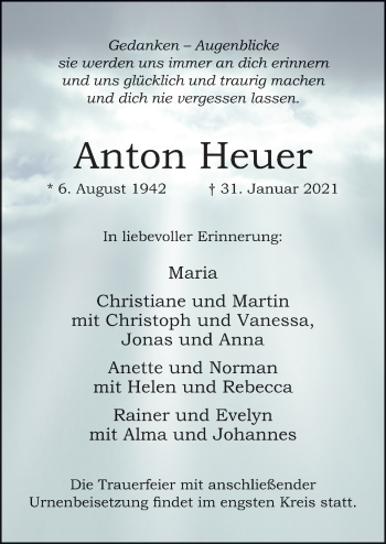 Traueranzeige von Anton Heuer von Neue Osnabrücker Zeitung GmbH & Co. KG