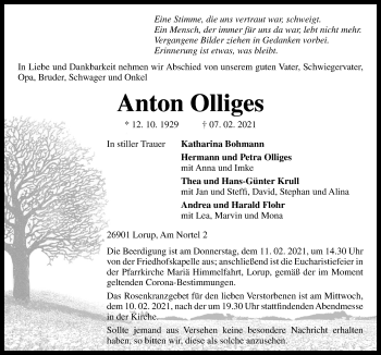 Traueranzeige von Anton Olliges von Neue Osnabrücker Zeitung GmbH & Co. KG