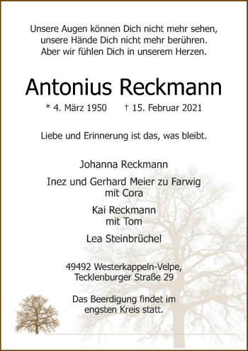 Traueranzeige von Antonius Reckmann von Neue Osnabrücker Zeitung GmbH & Co. KG