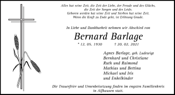 Traueranzeige von Bernard Barlage von Neue Osnabrücker Zeitung GmbH & Co. KG