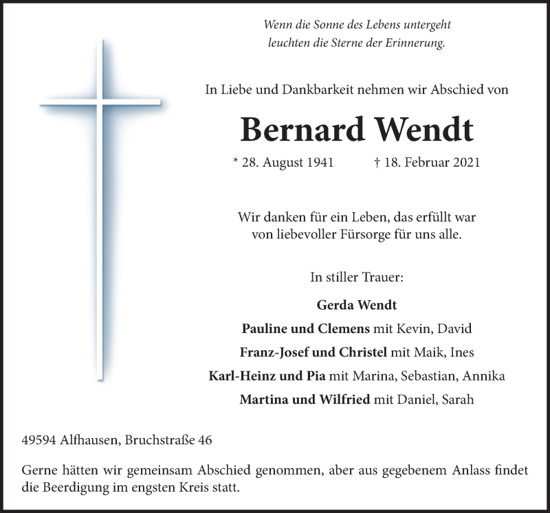  Traueranzeige für Bernard Wendt vom 20.02.2021 aus Neue Osnabrücker Zeitung GmbH & Co. KG