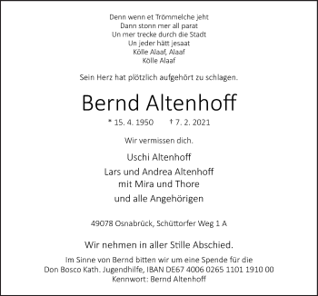 Traueranzeige von Bernd Altenhoff von Neue Osnabrücker Zeitung GmbH & Co. KG