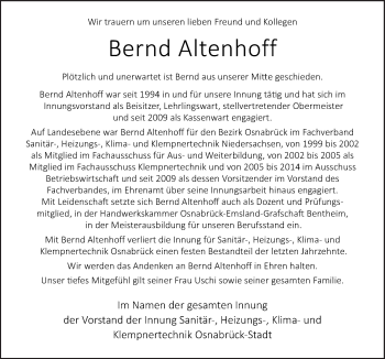 Traueranzeige von Bernd Altenhoff von Neue Osnabrücker Zeitung GmbH & Co. KG