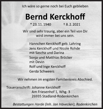 Traueranzeige von Bernd Kerckhoff von Neue Osnabrücker Zeitung GmbH & Co. KG