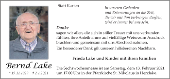 Traueranzeige von Bernd Lake von Neue Osnabrücker Zeitung GmbH & Co. KG