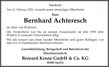 Traueranzeige von Bernhard Achteresch von Neue Osnabrücker Zeitung GmbH & Co. KG
