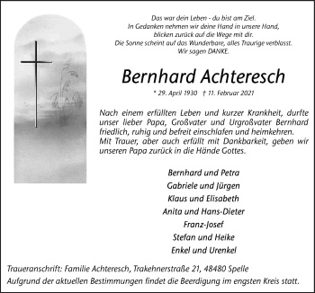 Traueranzeige von Bernhard Achteresch von Neue Osnabrücker Zeitung GmbH & Co. KG