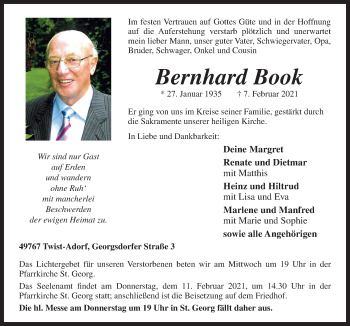 Traueranzeige von Bernhard Book von Neue Osnabrücker Zeitung GmbH & Co. KG