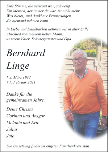 Traueranzeige von Bernhard Linge von Neue Osnabrücker Zeitung GmbH & Co. KG
