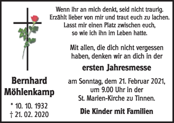 Traueranzeige von Bernhard Möhlenkamp von Neue Osnabrücker Zeitung GmbH & Co. KG
