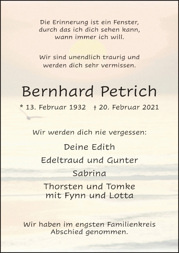  Traueranzeige für Bernhard Petrich vom 27.02.2021 aus Neue Osnabrücker Zeitung GmbH & Co. KG