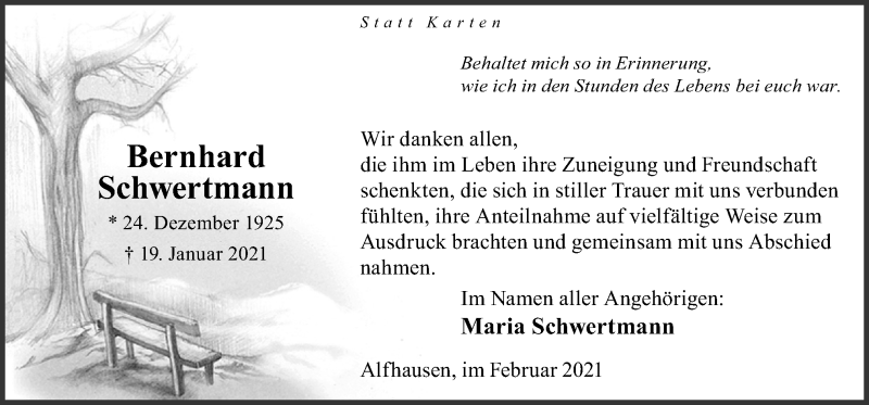  Traueranzeige für Bernhard Schwertmann vom 27.02.2021 aus Neue Osnabrücker Zeitung GmbH & Co. KG