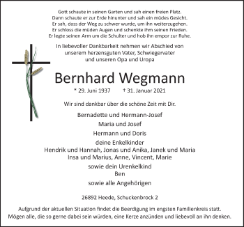 Traueranzeige von Bernhard Wegmann von Neue Osnabrücker Zeitung GmbH & Co. KG