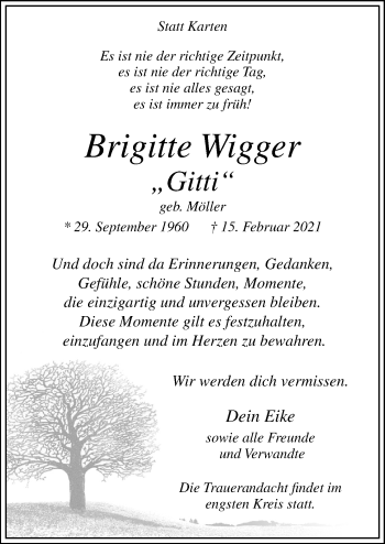 Traueranzeige von Brigitte Wigger von Neue Osnabrücker Zeitung GmbH & Co. KG