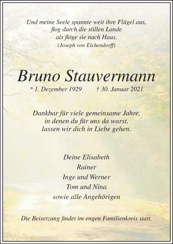 Traueranzeige von Bruno Stauvermann von Neue Osnabrücker Zeitung GmbH & Co. KG