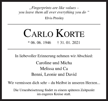 Traueranzeige von Carlo Korte von Neue Osnabrücker Zeitung GmbH & Co. KG
