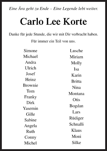 Traueranzeige von Carlo Lee Korte von Neue Osnabrücker Zeitung GmbH & Co. KG