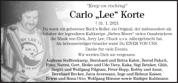 Traueranzeige von Carlo Lee Korte von Neue Osnabrücker Zeitung GmbH & Co. KG