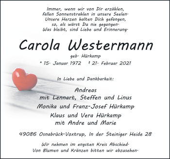 Traueranzeige von Carola Westermann von Neue Osnabrücker Zeitung GmbH & Co. KG