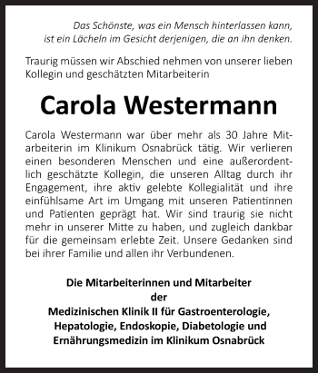 Traueranzeige von Carola Westermann von Neue Osnabrücker Zeitung GmbH & Co. KG