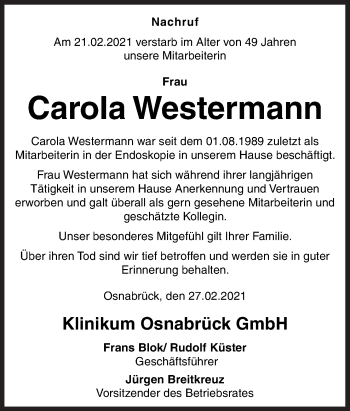 Traueranzeige von Carola Westermann von Neue Osnabrücker Zeitung GmbH & Co. KG