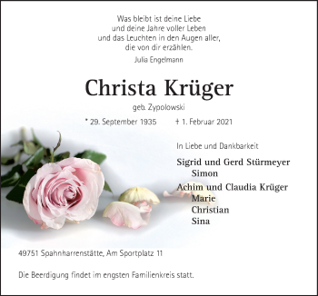Traueranzeige von Christa Krüger von Neue Osnabrücker Zeitung GmbH & Co. KG