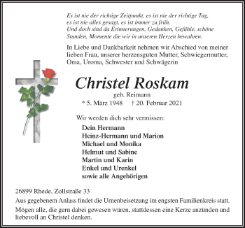 Traueranzeige von Christel Roskam von Neue Osnabrücker Zeitung GmbH & Co. KG