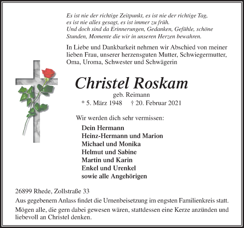  Traueranzeige für Christel Roskam vom 23.02.2021 aus Neue Osnabrücker Zeitung GmbH & Co. KG