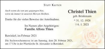 Traueranzeige von Christel Thien von Neue Osnabrücker Zeitung GmbH & Co. KG