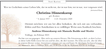 Traueranzeige von Christina Hinnenkamp von Neue Osnabrücker Zeitung GmbH & Co. KG